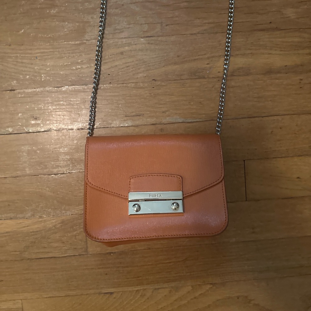 Furla Light Brown Crossbody Bag with Silver Chain
